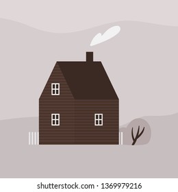 Cute two-story living house or cottage of modern sustainable architecture. Facade of wooden ecological suburban Scandinavian building with chimney or farmhouse. Flat monochrome vector illustration.