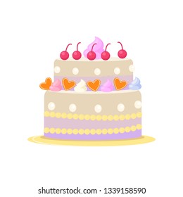 Cute two-tiered birthday or wedding cake in girlish style on white background