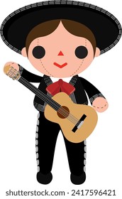 Cute typical mexican rag doll with mariachi costume and guitar