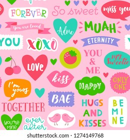 Cute typography and love symbol elements seamless pattern with pink background for valentine’s day