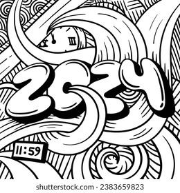 Cute typography number of 2024 in doodle art with floral background for new year design template