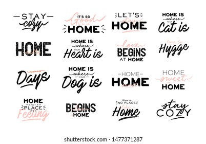 Cute Typography Quotes With Home Cozy Phrases. Isolated On White Background. Motivational Hygge Lettering. Scandinavian Danish Style. Vector. Home Sweet.