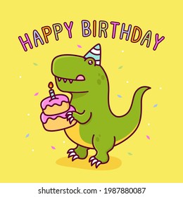 cute tyrannosaur with birthday cake