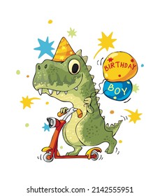 Cute tyrannosaur rex on scooter with birthday balloons