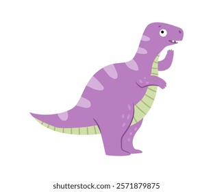 Cute Tyrannosaurus character, carnivorous creature from cretaceous period with small arms. Vector prehistoric animal, isolated jurassic reptile with surprised facial expression. Dino with spots