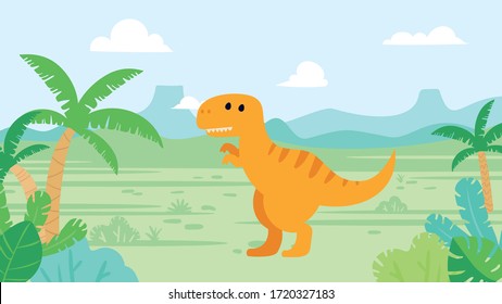 Cute tyrannosaurus dinosaur in prehistoric landscape