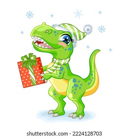 Cute tyrannosaurus in hat with christmas gifts. Cartoon character. Vector isolated illustration. For print, design, posters, cards, stickers, decor, kids apparel, baby shower and invitation