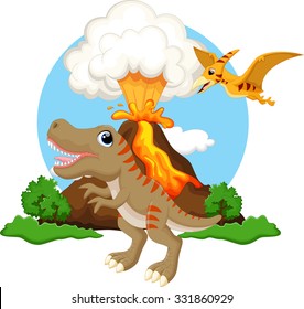 Cute  tyrannosaurus and pterodactyl cartoon with volcano background