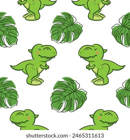 Cute Tyrannosaurus rex in Asian kawaii style and monstera leaves seamless pattern. Dinosaur T-Rex, Prehistoric lizard. Cartoon character Funny illustration for wallpaper, fabric, wrapping, background