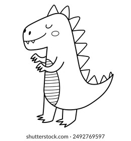 Cute Tyrannosaurus rex in black and white isolated element. Funny dinosaur t-rex of jurassic period in outline. Vector illustration 