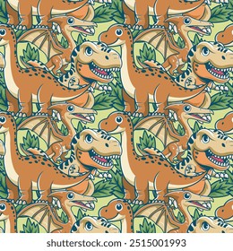 Cute Tyrannosaurus Rex, Brontosaurus, Pterodactyl Seamless Pattern in cartoon vector illustration design