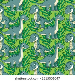 Cute Tyrannosaurus Rex and Brontosaurus Seamless Pattern in Cartoon Vector Illustration Design