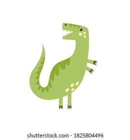 Cute tyrannosaurus rex in cartoon style isolated element. Funny dinosaur t rex for kids design. Green dino clipart. Vector illustration 