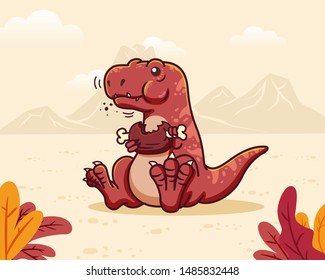 Cute tyrannosaurus rex character eating 