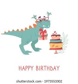 Cute tyrannosaurus rex on a greeting card. Dino in sunglasses with palms making a gift. Dinosaur holiday, cake. Funny childrens vector postcard, white background.
