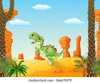 Cute tyrannosaurus running with the desert background