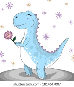 Cute tyrannosaurus in vector blue dinosaur with flower
