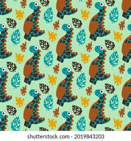 Cute tyrannosauruses and tropical leaves pattern vector. Hand-drawn happy vibrant dinos in a wild tropical forest. Perfect for kids apparel, pillows and more