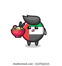 cute uae flag badge character eating noodles , cute style design for t shirt, sticker, logo element