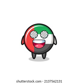 cute uae flag badge character with hypnotized eyes , cute style design for t shirt, sticker, logo element