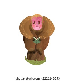 A cute uakari monkey is reading a book. Animals read. Illustration for children. Cartoon cute animal. Children's education