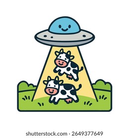 Cute UFO Abducting Cows Cartoon Vector
