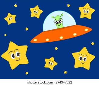 cute ufo alien cartoon in the space with sweet lovely stars vector illustration for kids