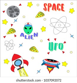 cute ufo and alien. vector cartoon illustration