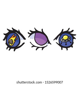 Cute UFO and asteroid themed eye illustration. Hand drawn mystic space eyeball clipart. 