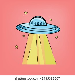 cute UFO with bottom light and stars, suitable for kids apparel design