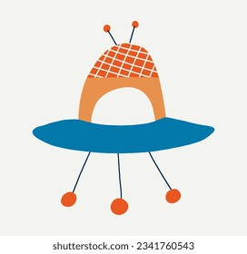 Cute UFO in cartoon style. Childish print with flying saucer. Hand drawn vector illustration for sticker, t shirt, cover, icon, decoration. 