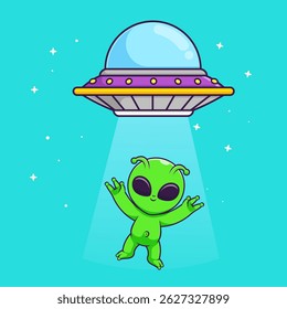 Cute Ufo Catching Alien Cartoon Vector Icon Illustration. Science Technology Icon Concept Isolated Premium Vector. Flat Cartoon Style