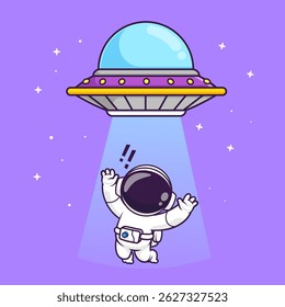 Cute Ufo Catching Astronaut Cartoon Vector Icon Illustration. Science Technology Icon Concept Isolated Premium Vector. Flat Cartoon Style