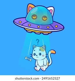 Lindo Ovni Atrapando Ilustración De Icono De Vector De Dibujos Animados De Gato Y Hueso De Pez. Icono de Ciencia animal concepto de Vector Premium aislado. Estilo plano de dibujos animados