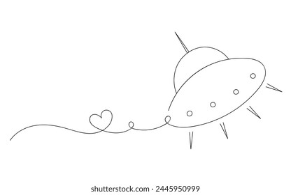 Cute ufo drawn by one line. Sketch. Design for tattoo art, celebration ufo day Funny hand drawn vector illustration.