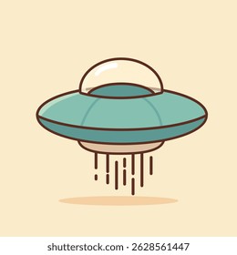A cute UFO illustration with a simple design and pastel colors, floating in a beige sky. Vertical beams emit from the bottom, adding a futuristic and imaginative feel