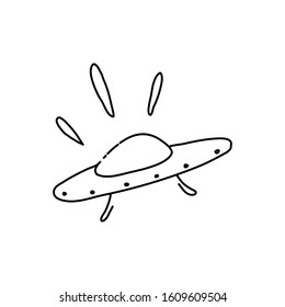 Cute ufo pattern in doodle style. Illustration on the theme of space exploration, the study of planets, the search for other galaxies.