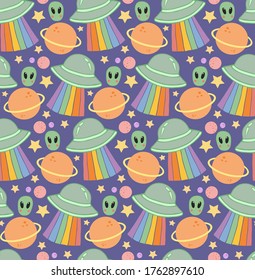 Cute UFO pattern with a rainbow glow. Children's illustration. Outer space with stars and planets background.