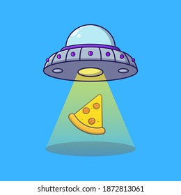 Cute UFO and pizza illustration. Alien spaceship picking up a pizza. Food icon concept illustration. Flat cartoon vector illustration isolated.