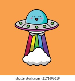 Cute Ufo Rainbow Cloud Cartoon Vector Icon Illustration. Transportation Technology Icon Concept Isolated Premium Vector.
