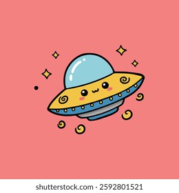 Cute Ufo In Space Cartoon Vector Icon Illustration. Science Technology Icon Concept Isolated Premium Vector. Flat Cartoon Style
