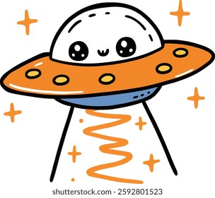 Cute Ufo In Space Cartoon Vector Icon Illustration. Science Technology Icon Concept Isolated Premium Vector. Flat Cartoon Style
