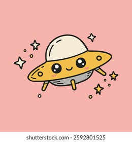 Cute Ufo In Space Cartoon Vector Icon Illustration. Science Technology Icon Concept Isolated Premium Vector. Flat Cartoon Style
