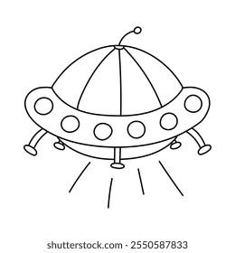 Cute UFO spaceship doodle with light in simple line art style. Flying saucer of alien, extraterrestrial creature for transportation and discovering cosmos. Astronomy clipart isolated on background.