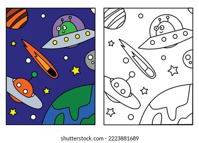 Porqué lindo y nave espacial volando en la página de coloreado espacial para niños dibujando educación. Ilustración simple de dibujos animados en el tema de fantasía para el libro de colorear