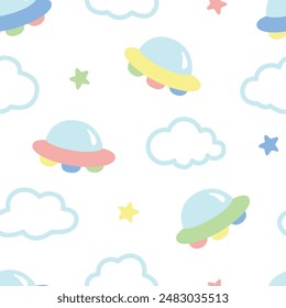 cute UFO spaceship in the sky seamless pattern design for background, wallpaper, textile design, fabric,  card, wrapping paper, batik, carpet, notebook, diary cover, blanket, blanket for kids and etc.