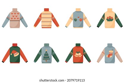 Cute ugly Christmas party sweater banner for your decoration. cartoon flat style. Vector illustration