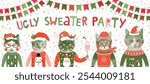 Cute Ugly Christmas Sweater Banner with Fun Hipster Cats with Santa Hats, Glasses and Hats in Red and Green, Halftone Collage Style