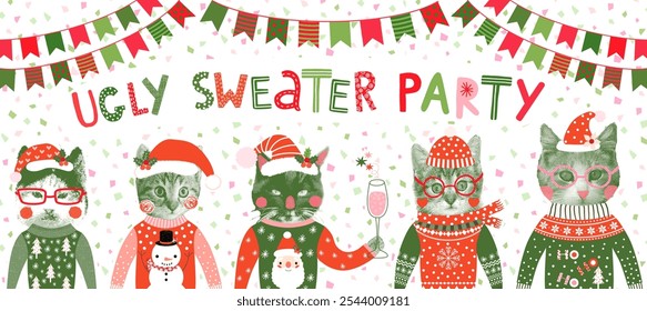 Cute Ugly Christmas Sweater Banner with Fun Hipster Cats with Santa Hats, Glasses and Hats in Red and Green, Halftone Collage Style