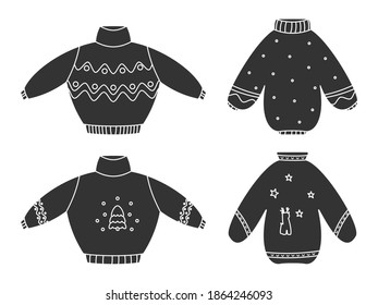 Cute ugly Christmas sweaters glyph black set. Knitted winter clothes. Jumpers with ornament and deer. Traditional holiday pullover, funny xmas prints. Hygge time. Isolated on white vector illustration